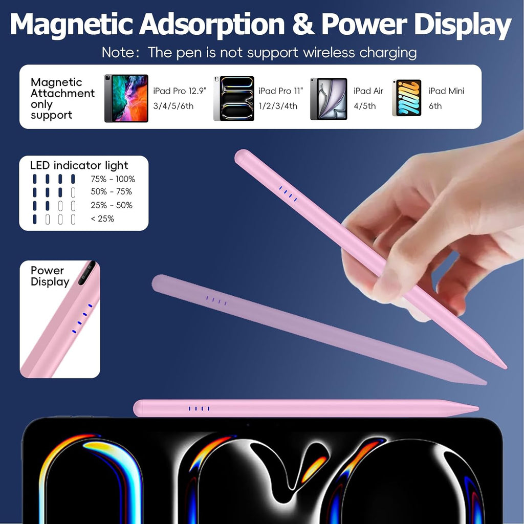 Stylus Pen for iPad (2018-2025),20 Mins Fast Charge for Pad Pencil with Tilt Sensitivity & Palm Rejection,Compatible with iPad 6/7/8/9/10/A16, Air3/4/5/M2/M3, Mini5/6, Pro 11"/12.9"/M4,Pink