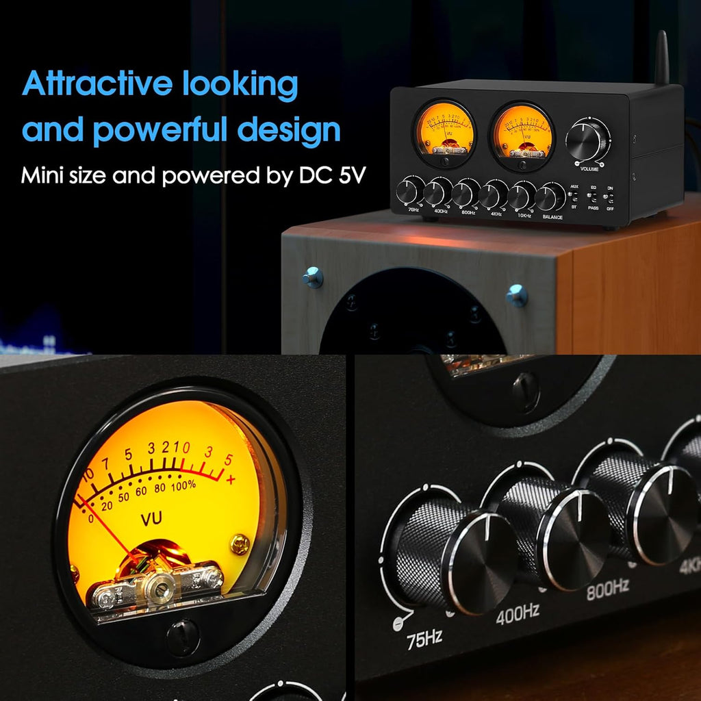 Douk Audio 5 Band Equalizer Bluetooth EQ Preamp for Home Stereo/Computer Speaker/Amplifier with VU Meter (EQ5 Tone Upgraded Version)