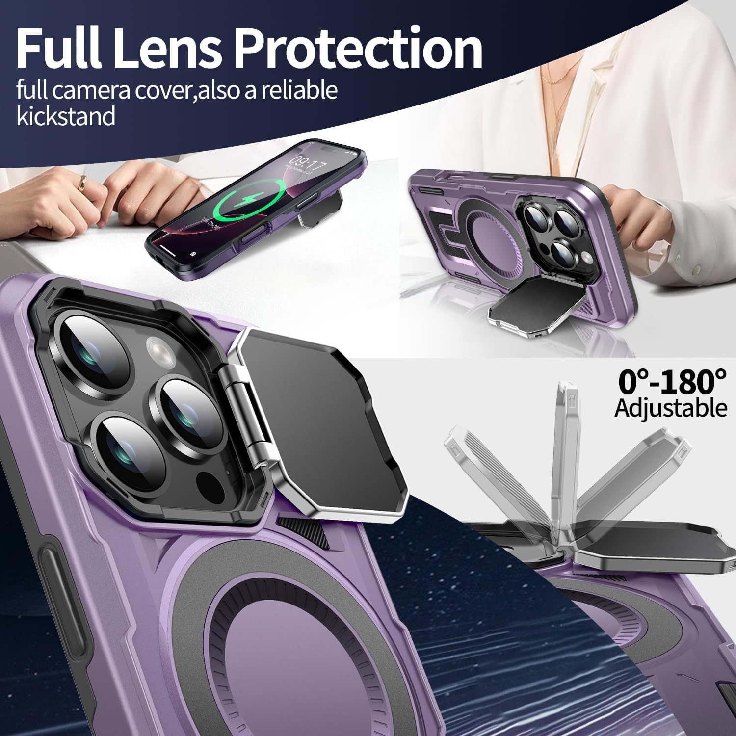 Camera Stand Case for iPhone 16 Pro Max, [Compatible with Mag Safe] [Lens Cover] 2024 Version Military Grade Protective Soft Case for iPhone 16 Pro Max 6.9 inch Men Women, Purple