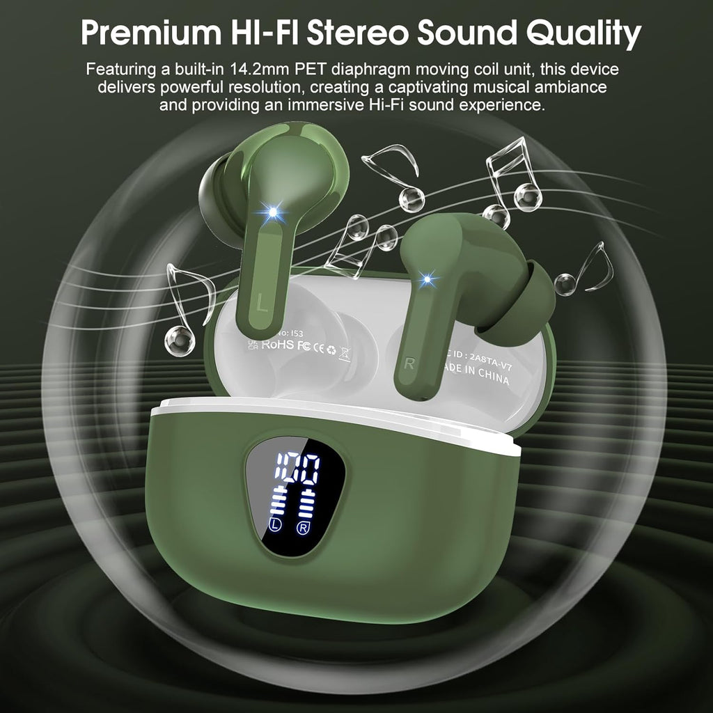 Wireless Earbuds, Bluetooth 5.4 Headphones HiFi Stereo, Bluetooth Earbuds with ENC Noise Cancelling Mic, IP7 Waterproof in Ear Earphones, 48H, LED Display Ear buds for Pad Workout Sports, Retro Green