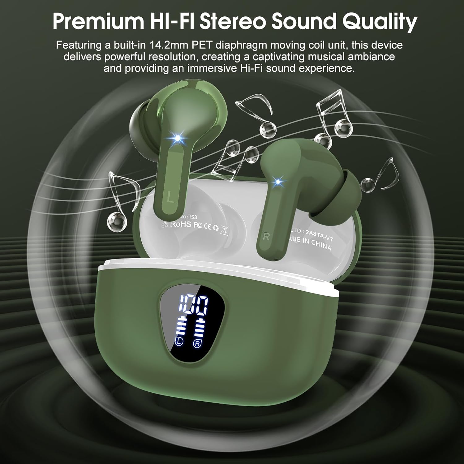 Wireless Earbuds, Bluetooth 5.4 Headphones HiFi Stereo, Bluetooth Earbuds with ENC Noise Cancelling Mic, IP7 Waterproof in Ear Earphones, 48H, LED Display Ear buds for Pad Workout Sports, Retro Green
