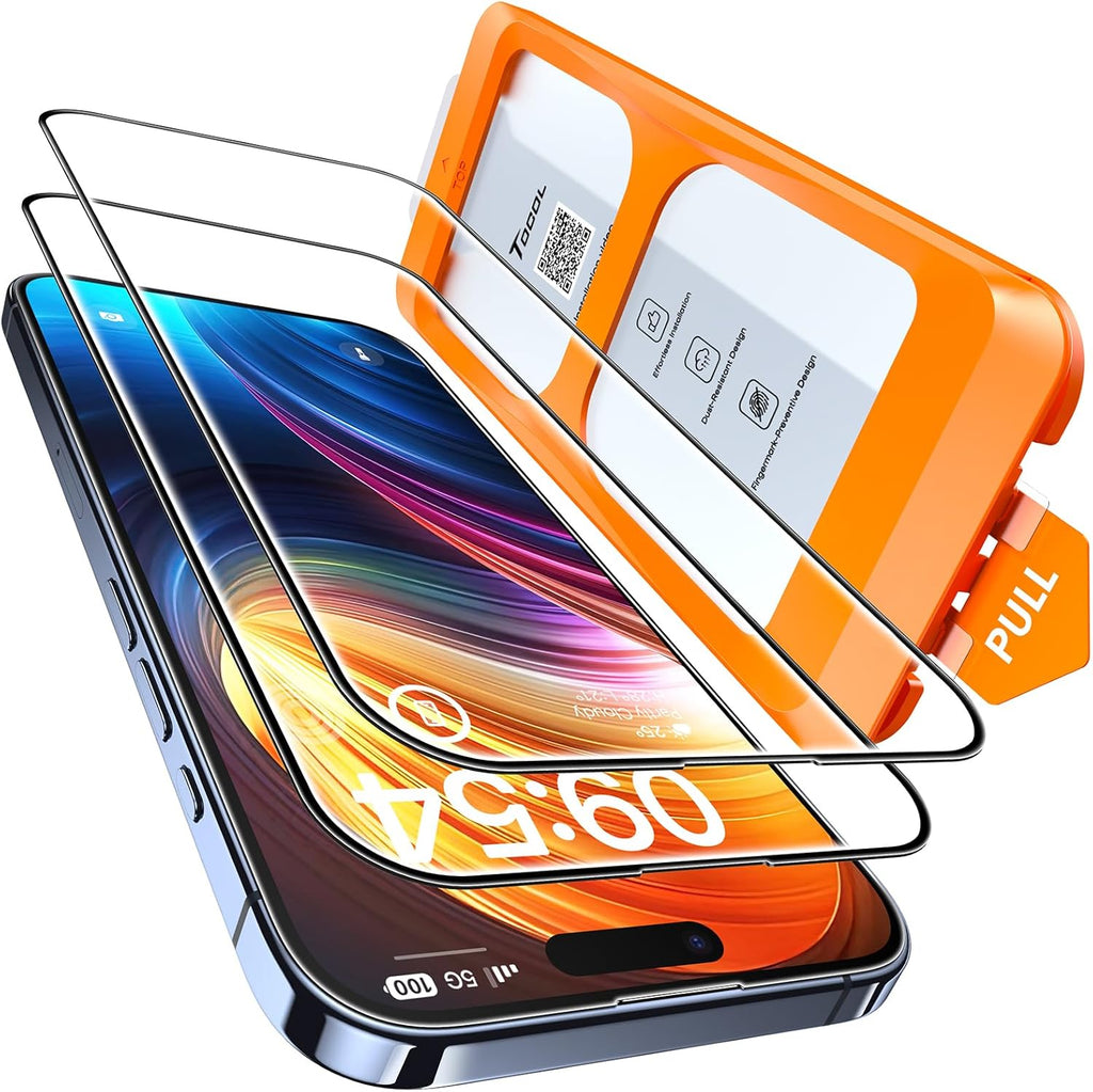 TOCOL for iPhone 15 Screen Protector 9H Hardness Military Grade Shatterproof HD Tempered Glass Full Coverage Easy Installation Case Friendly 2 Pack