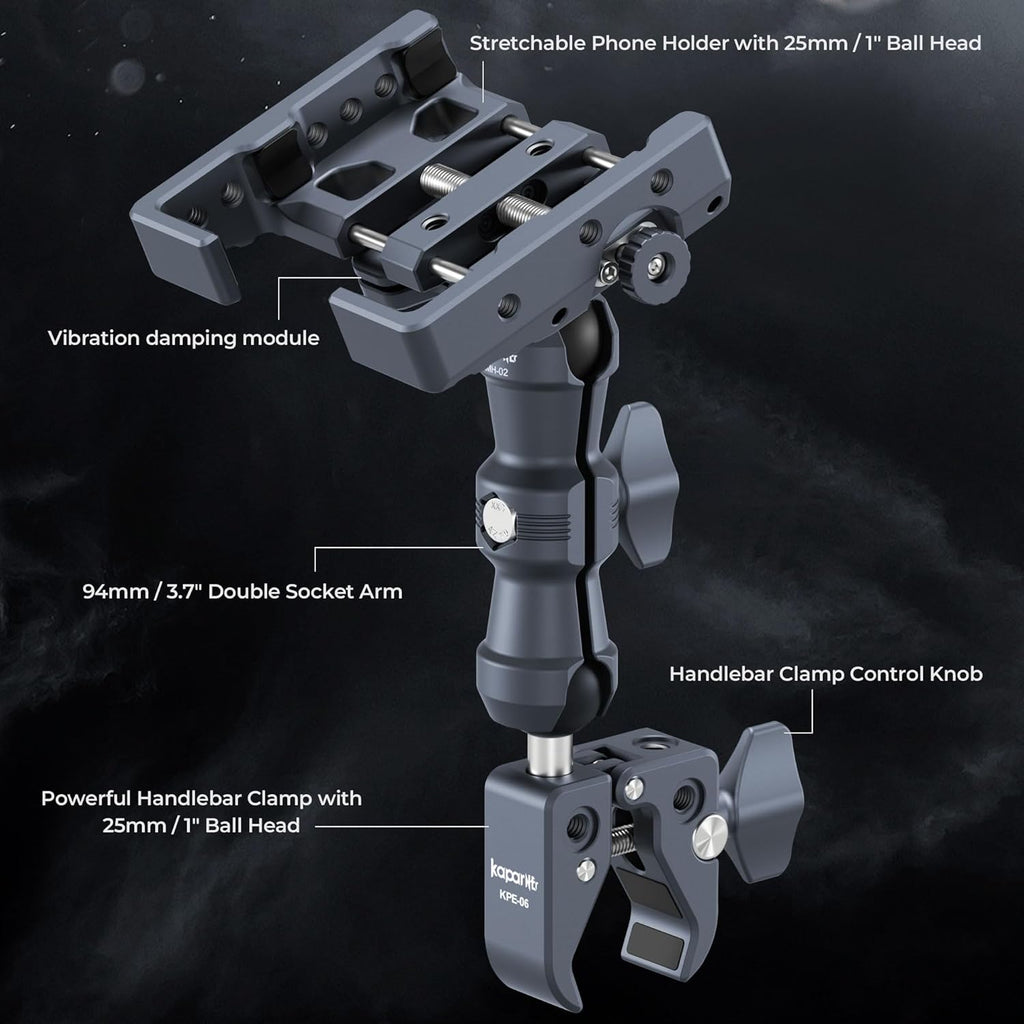 Riding Phone Holder Kit, Include Dual Socket Arm/Handlebar Strong Rod Clamp/Adjustable Phone Clip, Suitable for 5.5-7" Smartphone, Installed on 0.55-1.77" Diameter Rail Round Rod (KPS-14)