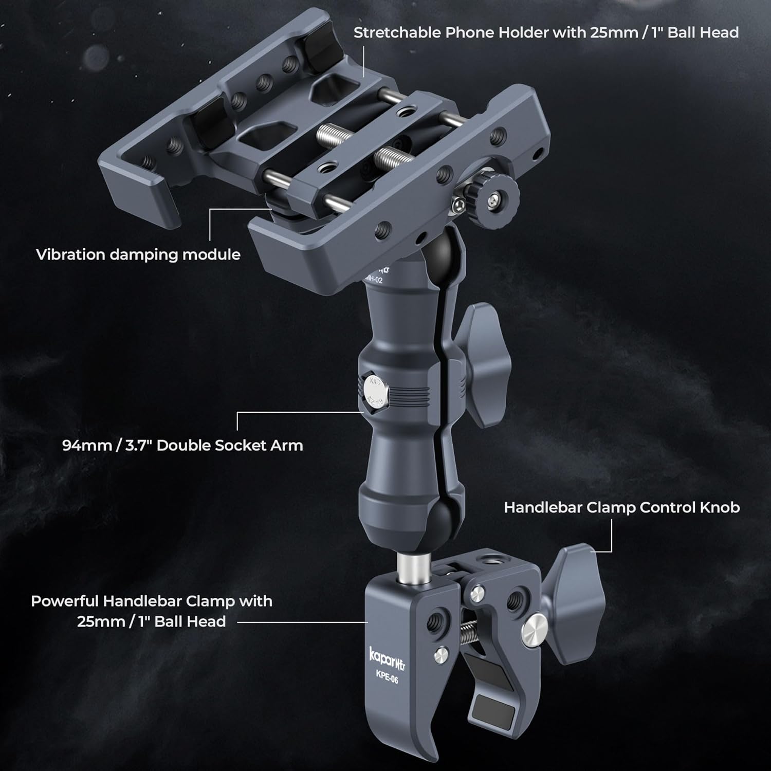 Riding Phone Holder Kit, Include Dual Socket Arm/Handlebar Strong Rod Clamp/Adjustable Phone Clip, Suitable for 5.5-7" Smartphone, Installed on 0.55-1.77" Diameter Rail Round Rod (KPS-14)
