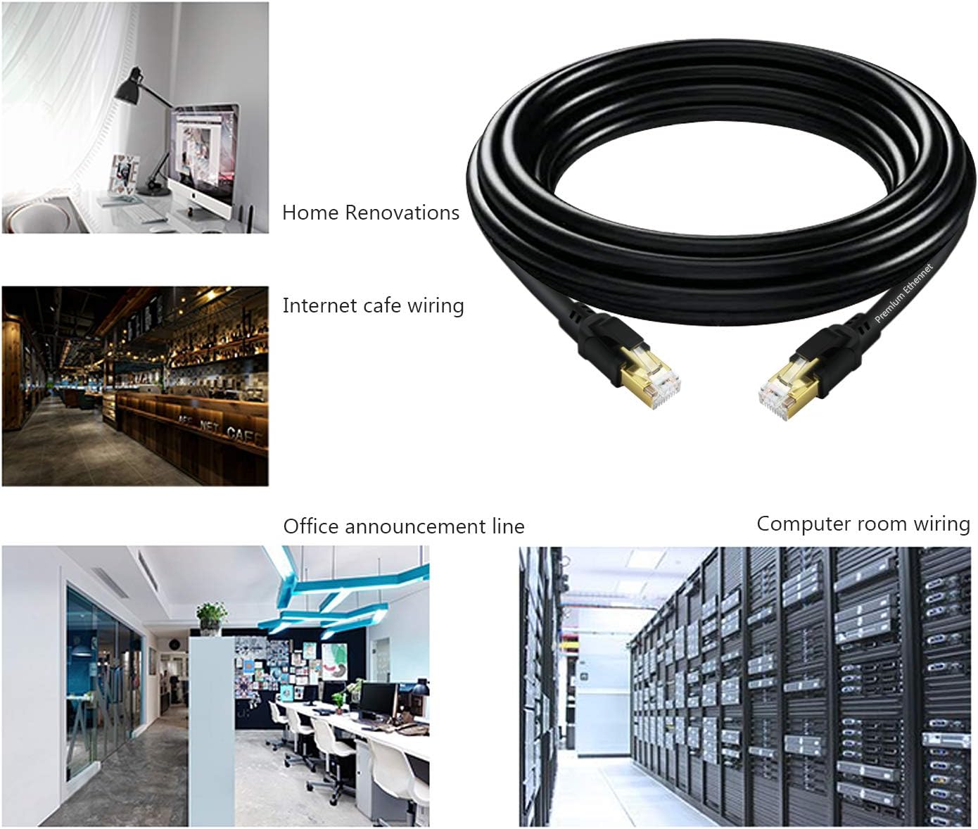 Cat8 Ethernet Cable, Internet Network Cord, 40Gbps 2000Mhz LAN Wires, High Speed SSTP LAN Cables with Gold Plated RJ45 Connector for Router, Modem, Gaming, Xbox (300ft)