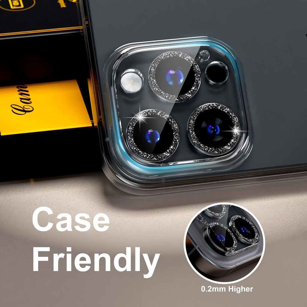 beuxece for 6 Pack iPhone 16 Pro/iPhone 16 Pro Max Camera Lens Protector [Drop Protection] [Case Friendly] [Easy Installation] 9H Tempered Glass Camera Screen Protector Cover, Glitter Black