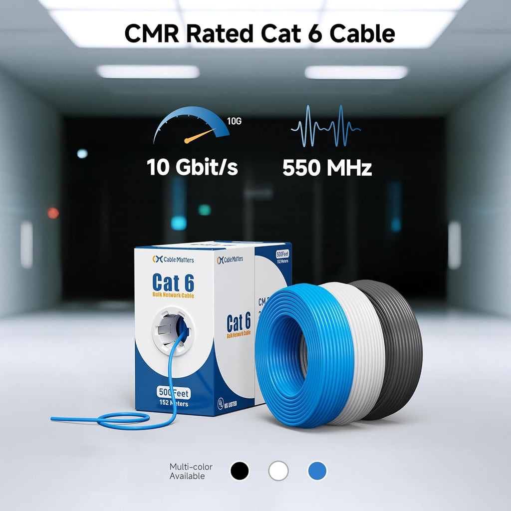 Cable Matters [UL Listed] 10Gbps in-Wall Riser Rated (CMR) 23AWG Bare Copper Cat6 Ethernet Cable - 500ft, Cat 6 Ethernet Cable Spool, Cat 6 Cord Bulk, Blue