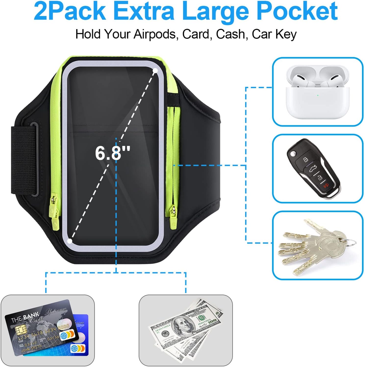 Cell Phone Armbands for Running with Foldable Straps, 6.9‘’ Running Armband Phone Holder, Arm Band Bag for iPhone 16 15 14 13 12 Pro Max Galaxy with Car Home Key Zipper Protective Covers for Women