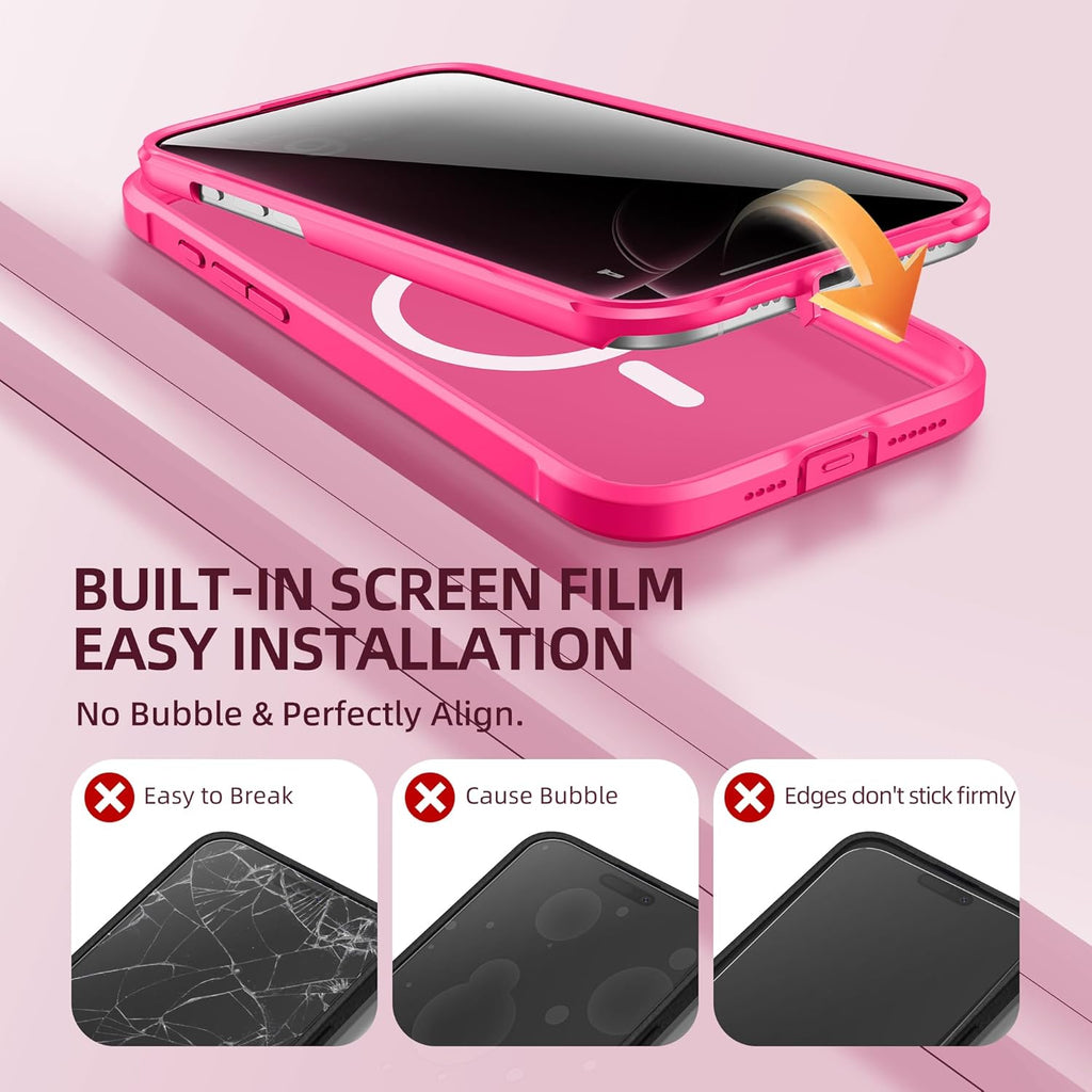 BERFY Magnetic for iPhone 16 Pro Case, Compatible with MagSafe, Built-in Privacy Screen Protector and Upgraded Camera Protection, Anti-Spy Full Body Shockproof Phone Case for 16 Pro 6.3", Hot Pink