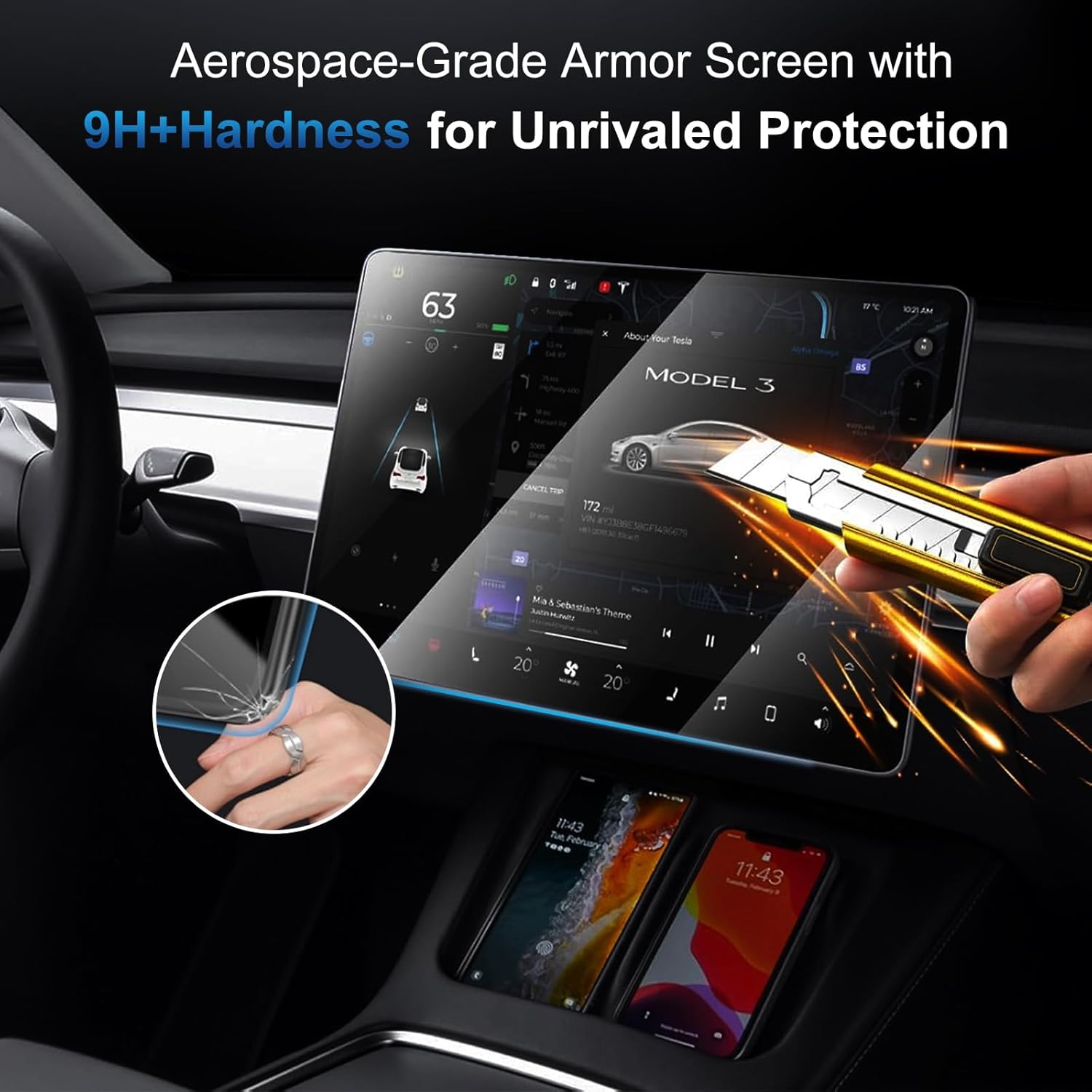 Screen Protector for Tesla Model 3 (2017-2023) / Model Y (2020-2024), Tesla Protector Accessories, Navigation Touchscreen Tempered Glass, Auto-Align Installation, Anti-Fingerprint