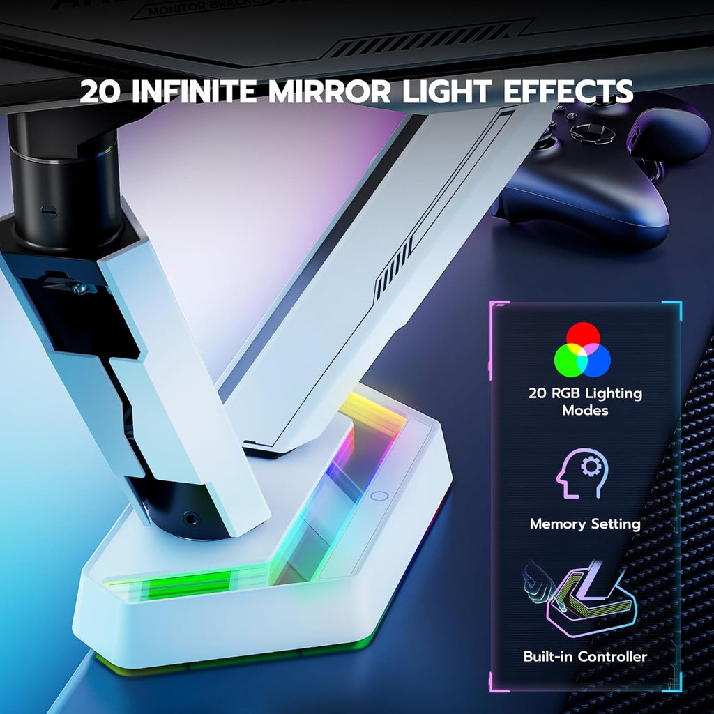ARES WING RGB Dual Monitor Arm for 17-38" Ultrawide Screens, Holds 35.2lbs, Heavy Duty Dual Monitor Stand for Desk, Adjustable Double Monitor Mount with Clamp & Grommet Base, 75/100 VESA Mount, White