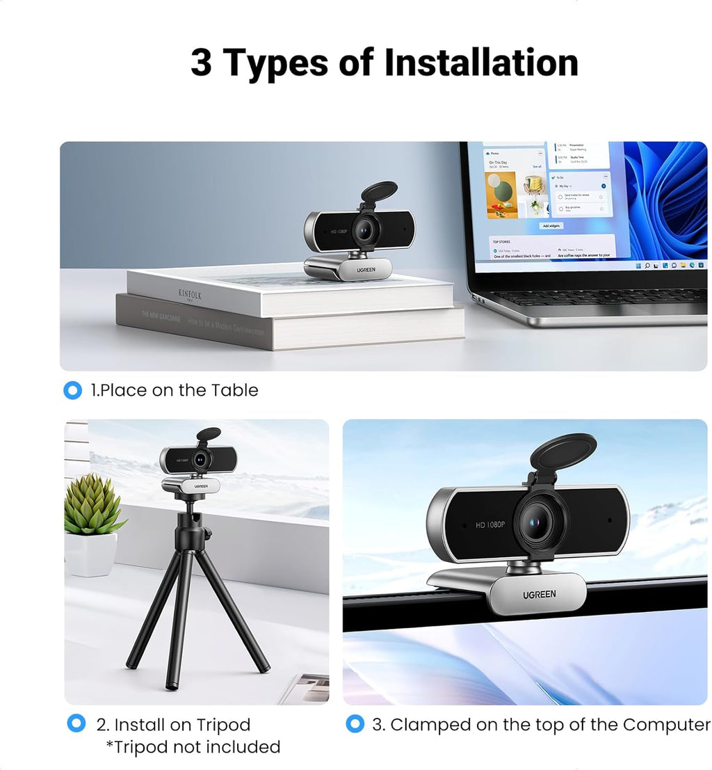 UGREEN Full HD 1080P Webcam with Microphone, 2 Noise-Canceling Mics, 85° Fov & Fixed Focus, Plug and Play, Auto Light Correction, Privacy Cover PC Camera for Zoom/Skype/Teams, Switch 2, Silver Gray