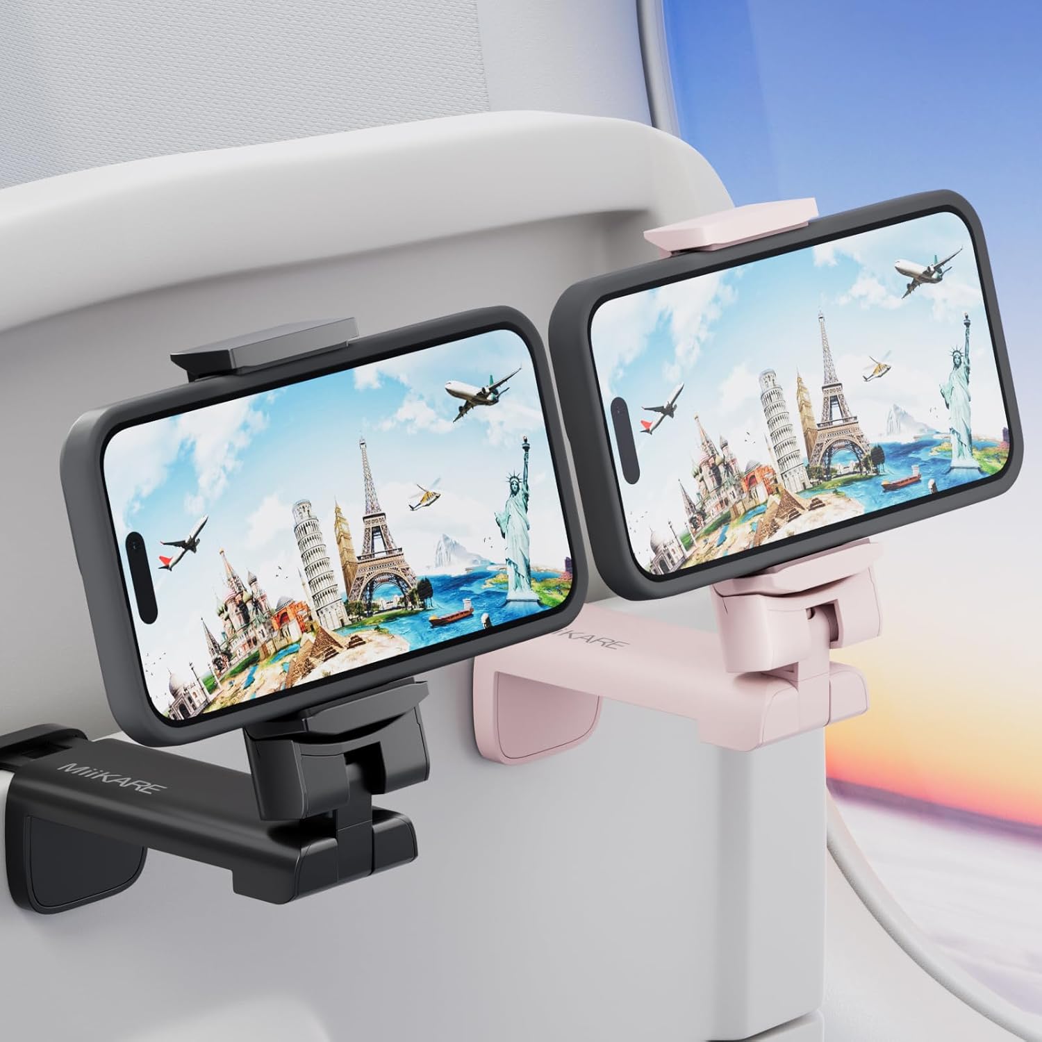 MiiKARE Airplane Travel Essentials Phone Holder, Universal Handsfree Phone Mount for Flying with 360 Degree Rotation, Accessory for Airplane, Travel Must Haves Phone Stand for Desk-Black&Pink