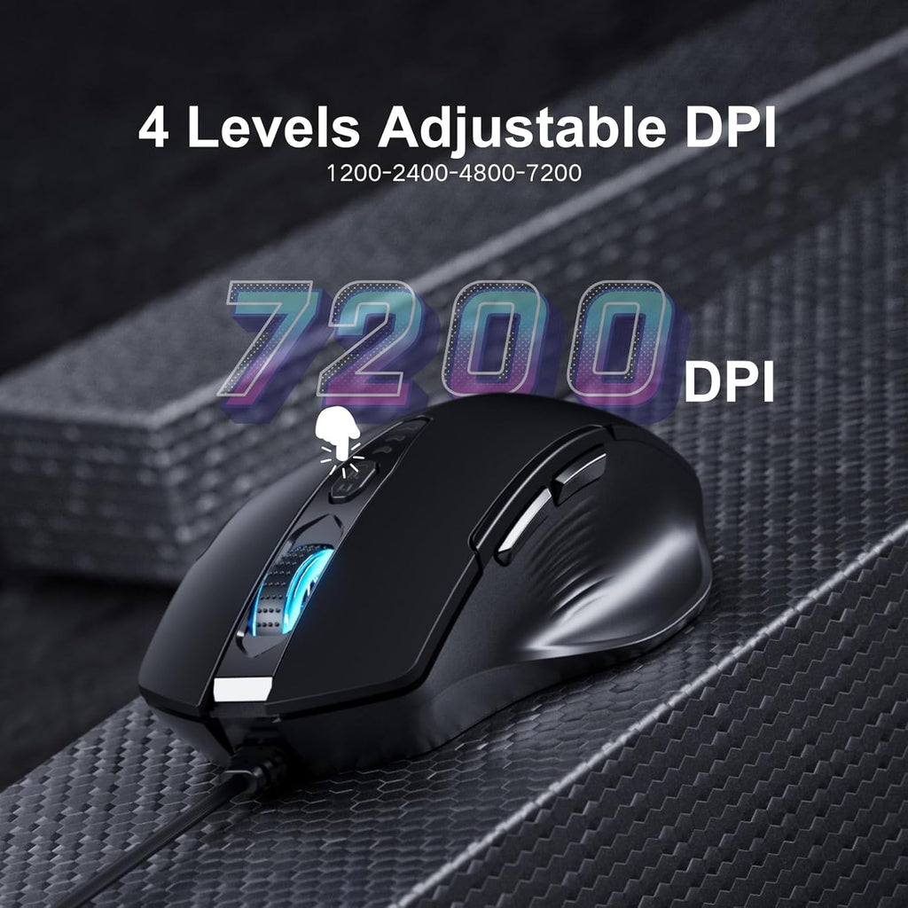 Wired Mouse, USB Mouse Wired with 6 Buttons Ergonomic Design,1.5M USB Cable Computer mice 7200DPI Optical Mice for PC Laptop, Matte Black