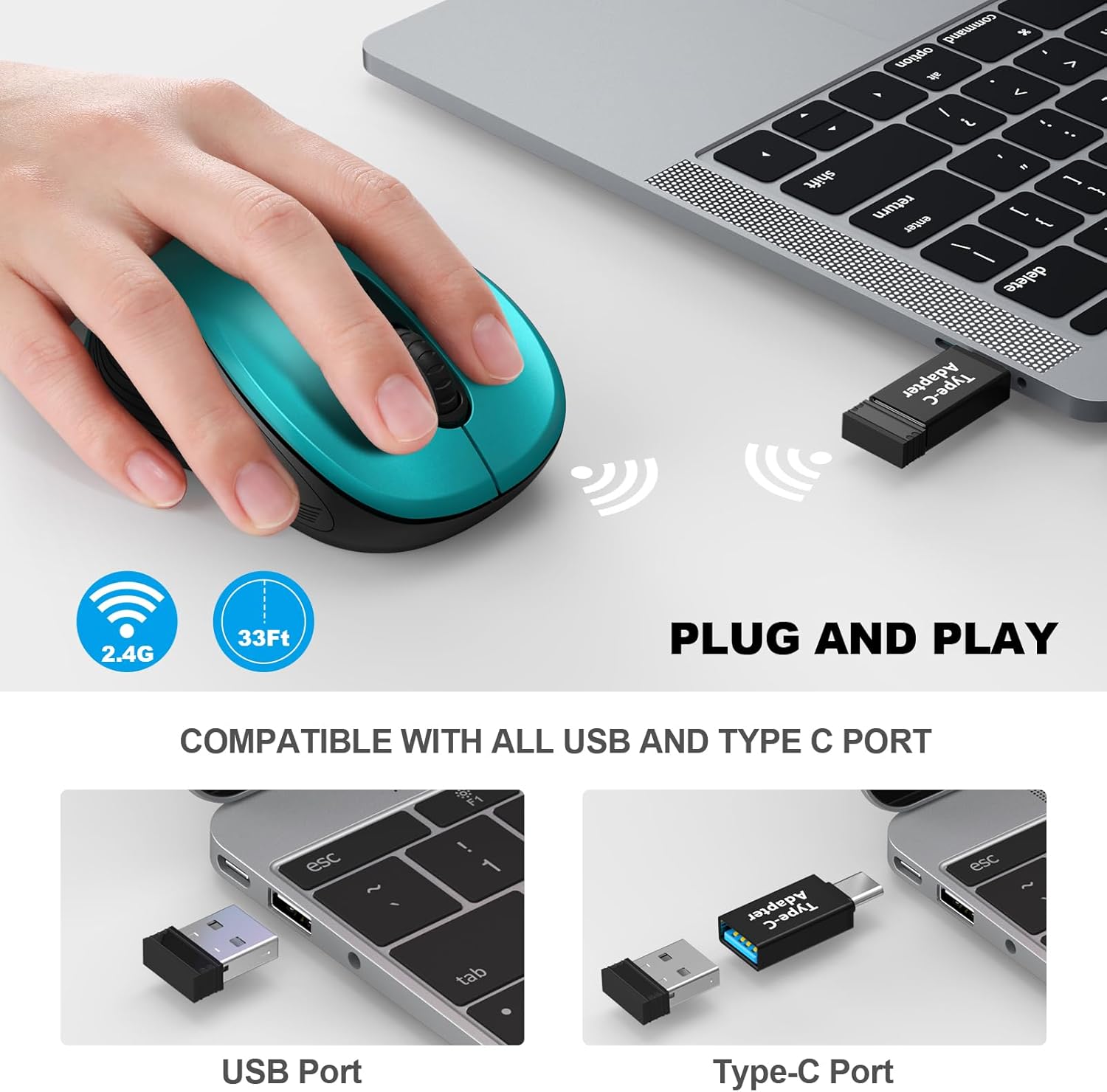 WisFox 2.4G Wireless Mouse for Laptop, Ergonomic Computer Mouse with USB Receiver and Type-C Adapter, 3 Adjustable Levels, 6 Button Cordless Wireless Mice for Windows Mac PC Notebook (Green)