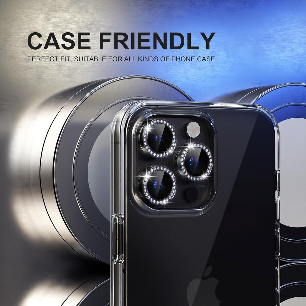Choiche Compatible for iPhone 15 Pro/iPhone 15 Pro Max Camera Lens Protector Bling, 9H Tempered Glass Camera Cover Screen Protector Metal Ring Decoration Accessories (Diamond-Black)