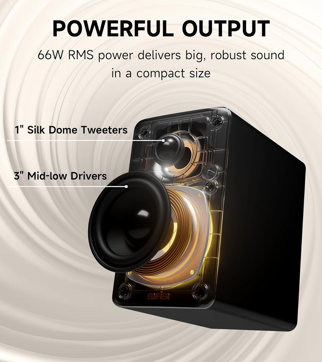 Edifier M60 Multimedia Speaker Bluetooth 5.3, 66W RMS, Hi-Res Audio & Hi-Res Wireless Audio, LDAC,3" Mid Bass & 1" Tweeter, USB-C & Aux Inputs, Compact Desktop Speaker – Black