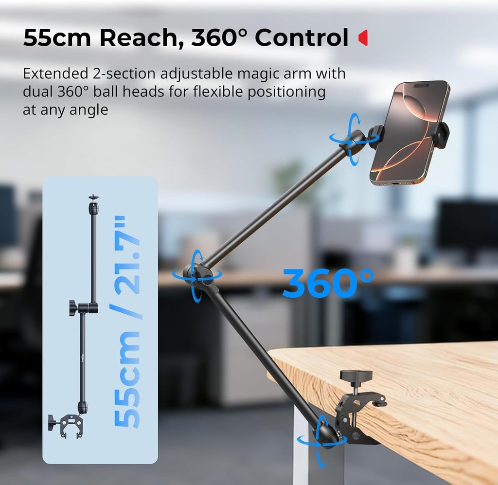 SMALLRIG Desktop Magic Arm Support with Crab-Shaped Clamp Kit, Aluminum Alloy, 24.3x4.5x1.1 in, 0.6lb Payload, for Smartphones, Webcams, Action Cameras, 5624