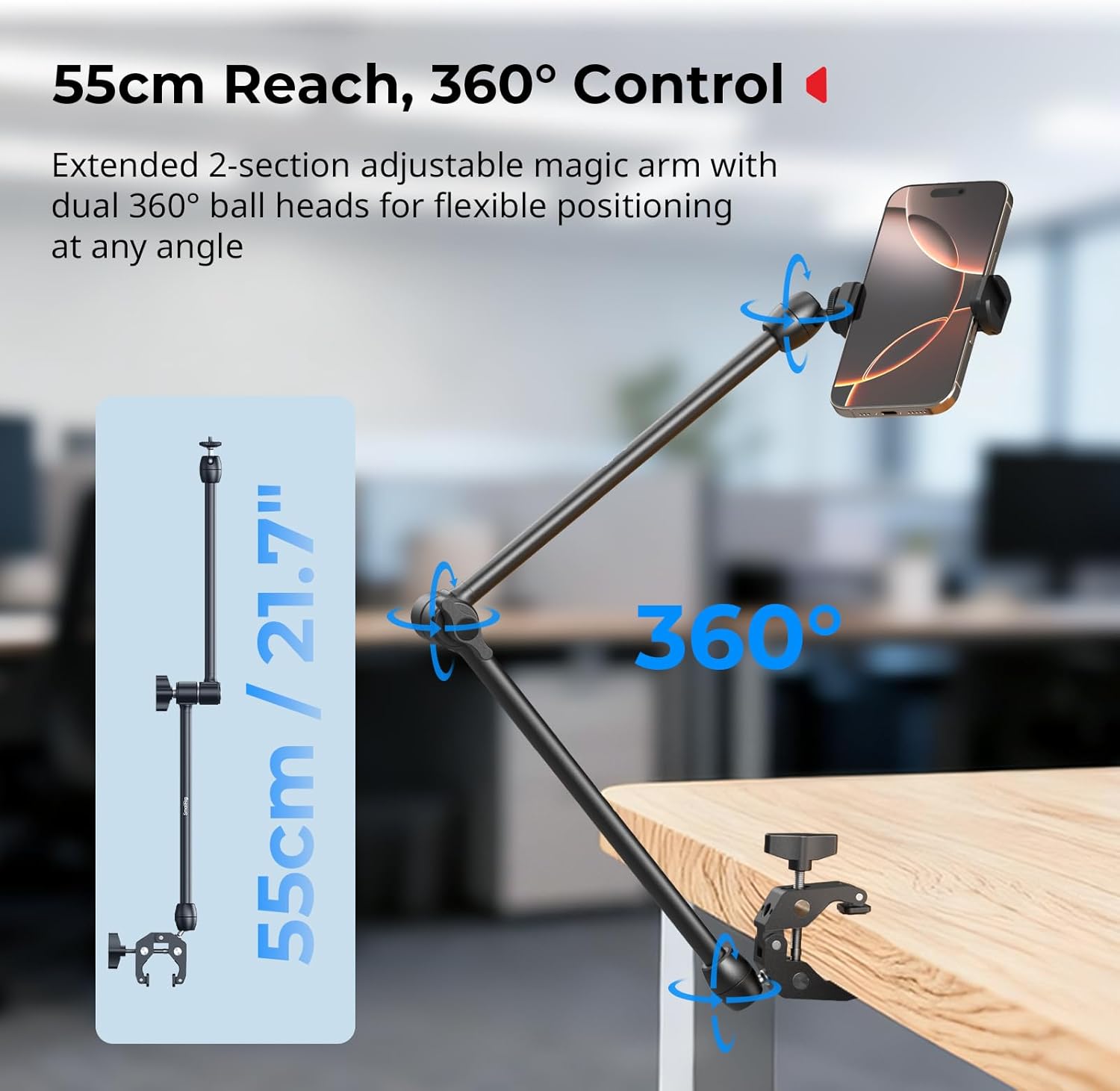 SMALLRIG Desktop Magic Arm Support with Crab-Shaped Clamp Kit, Aluminum Alloy, 24.3x4.5x1.1 in, 0.6lb Payload, for Smartphones, Webcams, Action Cameras, 5624