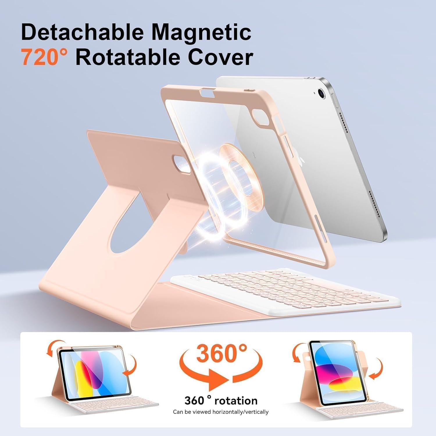 for iPad 11th 10th Generation Case with Keyboard, Magnetic 720° Rotatable Cover Detachable Wireless Bluetooth Backlit Keyboard with Pencil Holder for iPad 11 inch A16 2025 & 10.9 inch 2022 -Pink
