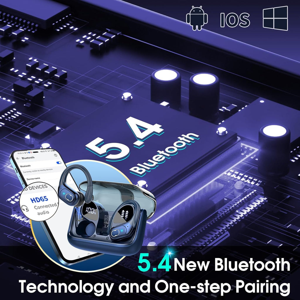 Wireless Earbuds 75hrs Bluetooth 5.4 Headphone Sport, 2025 Bluetooth Earbuds Stereo Deep Bass Over Ear Bud with Earhooks, ENC Noise Cancelling Mic, IPX7 Waterproof Earphone, Royal Blue