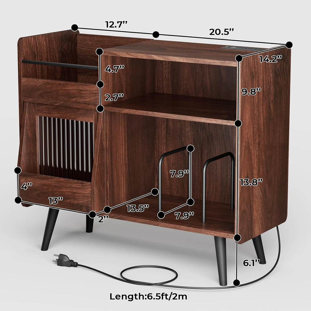 Large Record Player Stand with Sliding Door,350 Vinyl Record Storage Cabinet, Record Player Table with Power Outlet and LED Light,Turntable Stand with Wood Legs for Living Room,Office