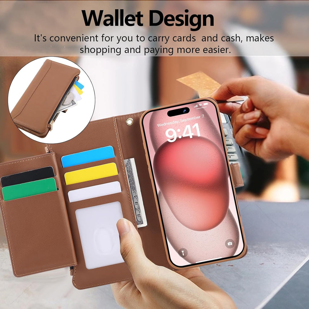 Compatible with iPhone 14 Pro Wallet Phone Case-PU Leather Magnetic Flip Cover with Credit Card Slots,Zipper Pocket & Detachable Wrist Strap,Shockproof Design,for Women and Men-Brown