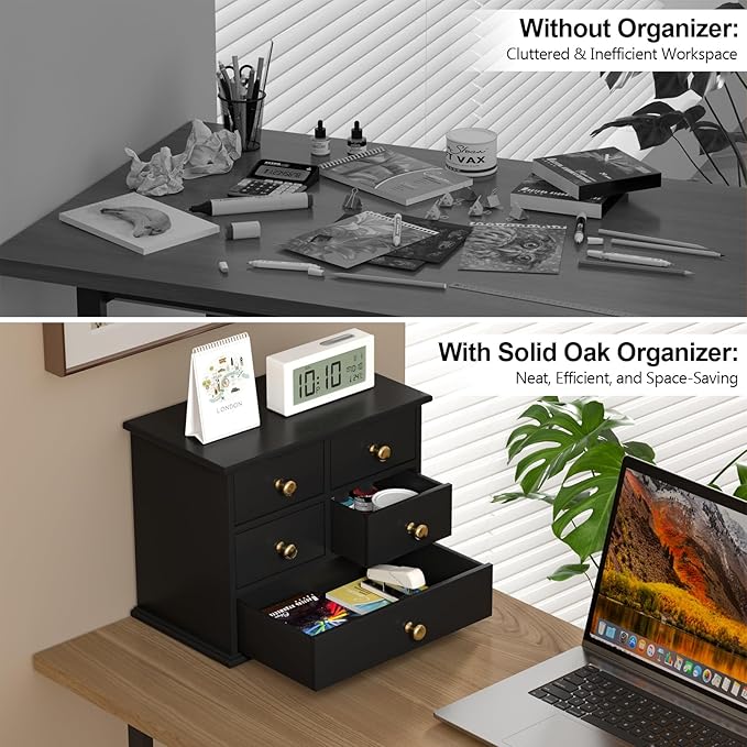 Oak Desk Organizer with Drawers, Durable Wooden Desktop Storage Box with Metal - Image 5