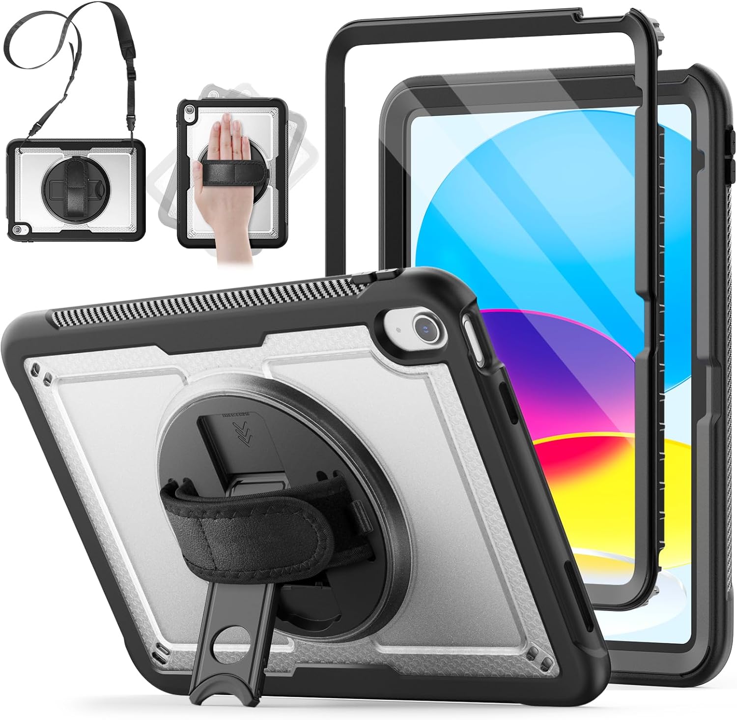 SCSVPN Case for iPad (A16) 11th Generation 11 Inch 2025 / 10th Generation 10.9 Inch 2022, Shockproof Protective Case with Screen Protector, Pencil Holder, Rotating Stand, Hand/Shoulder Strap - Clear
