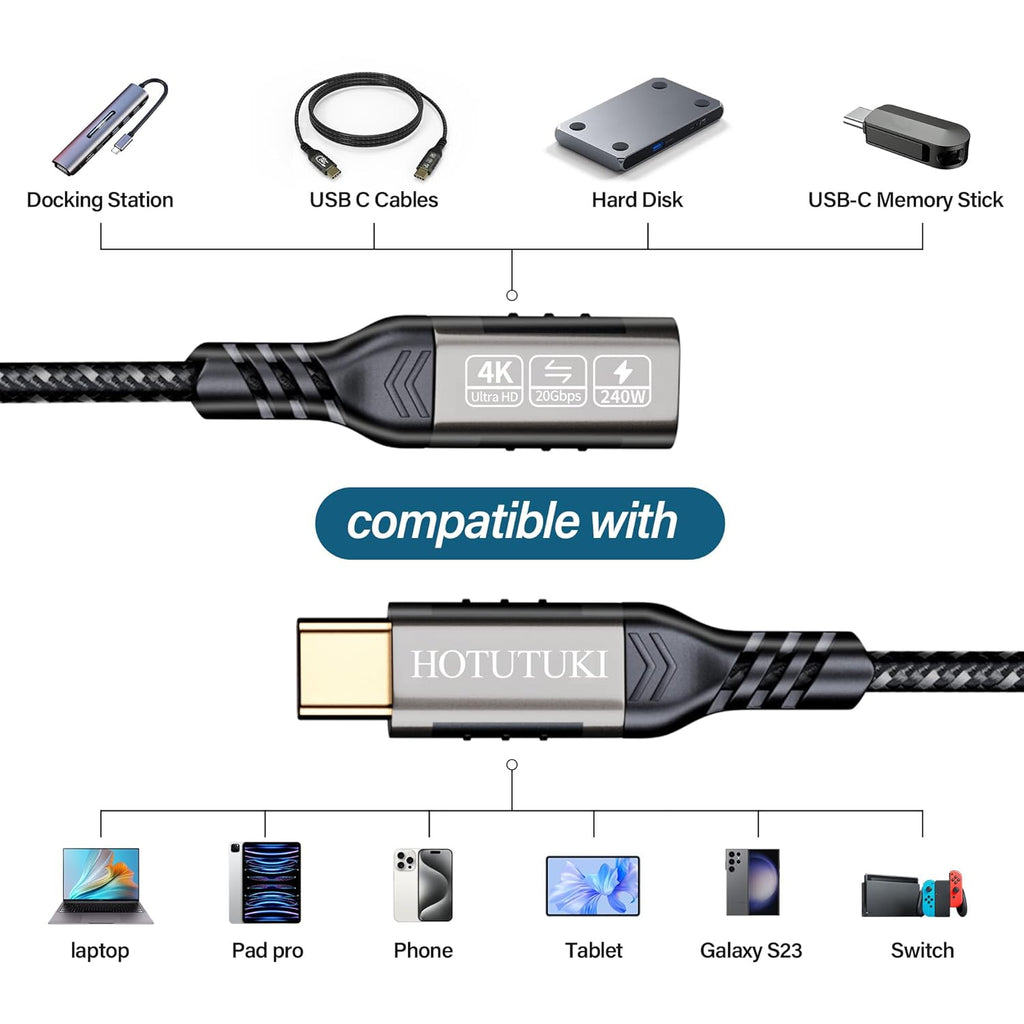 short type c extension cable 1.65ft/0.5M,240W PD Fast Charging 20 Gbps usb c 3.2 gen 2 extension cable ,c cable male to female, Compatible with laptop, docking station, charger extension cable