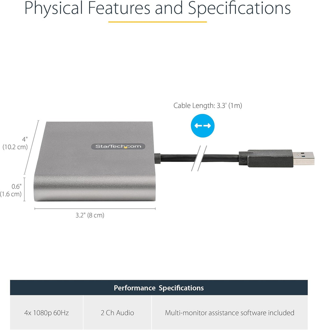 StarTech.com USB 3.0 to Quad HDMI Adapter, USB to 4x HDMI Monitor Converter for Windows, TAA (no support for macOS/ChromeOS/Linux)
