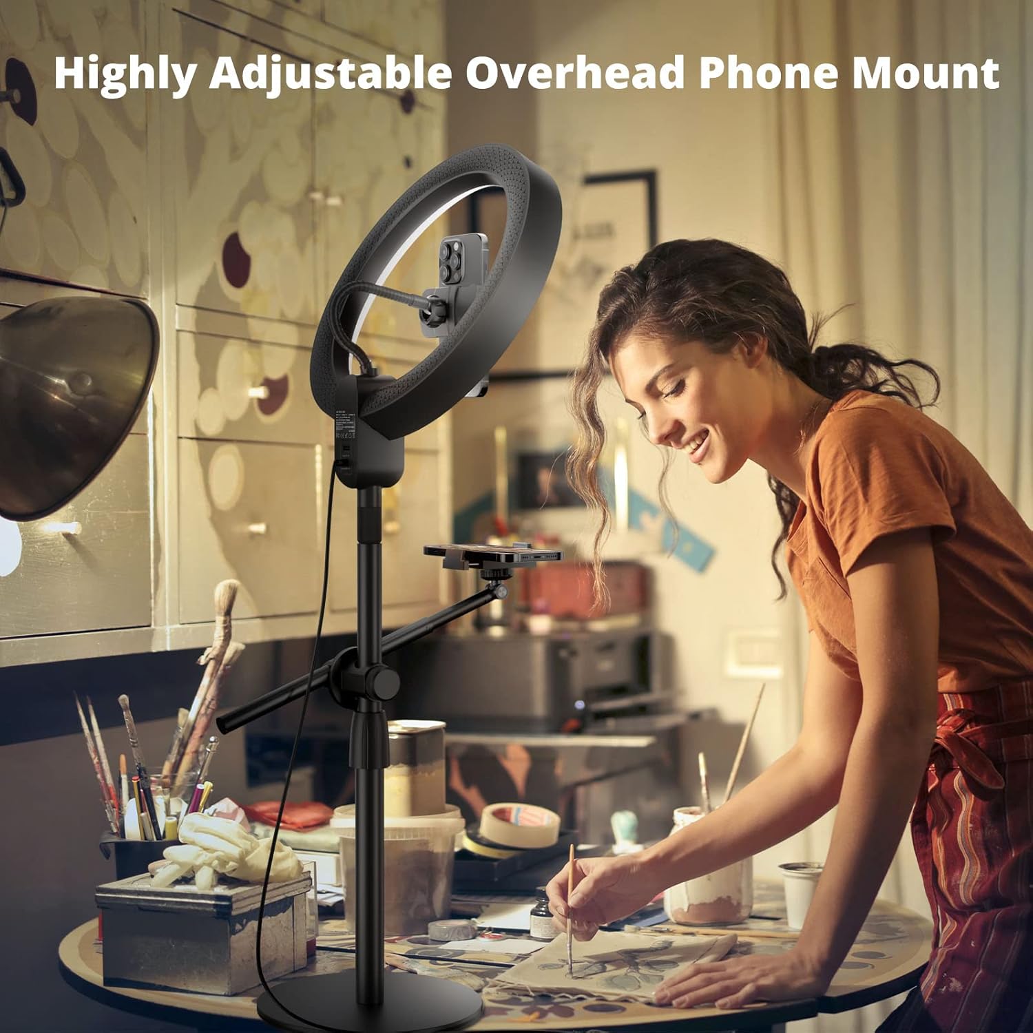 12" Ring Light with Stand and Phone Holder,Overhead Phone Stand,2 Phone Holders,2700-6500K,3 Color Modes,10 Brightness Levels,Remote Control,Adjustable,Live Stream,Tiktok/YouTube
