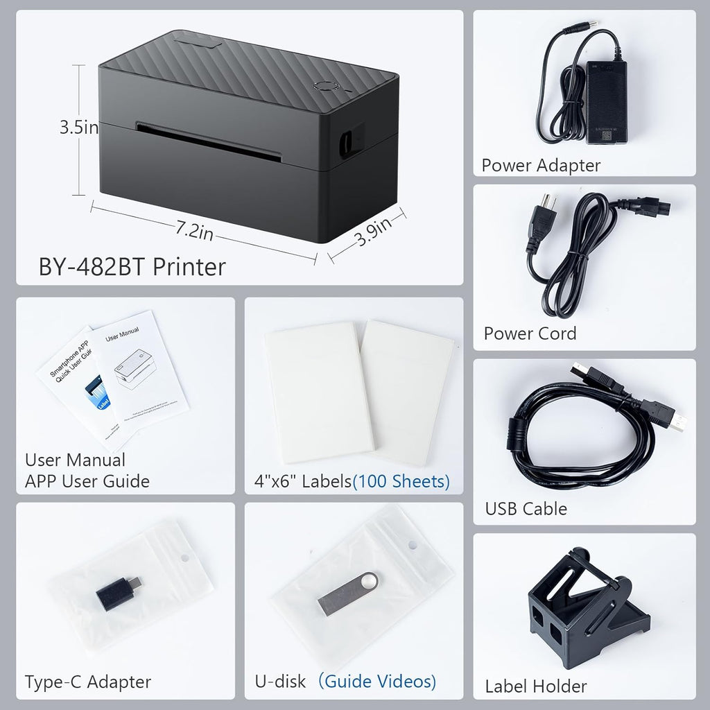 Label Printer, Bluetooth Shipping Label Printer with Black Label Holder, 4x6 Thermal Printer for Shipping Packages, Compatible with Android, iOS, Windows, Mac, Chromebook, Amazon, Ebay, UPS