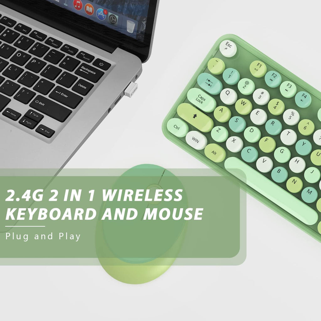 Green Wireless Keyboard and Mouse, KOOTOP Cute Green Colorful Keyboard and Mouse, 2.4G Wireless Keyboard with Retro Round Keycap for PC, Mac, Laptop,Tablet,Computer Windows (Green)