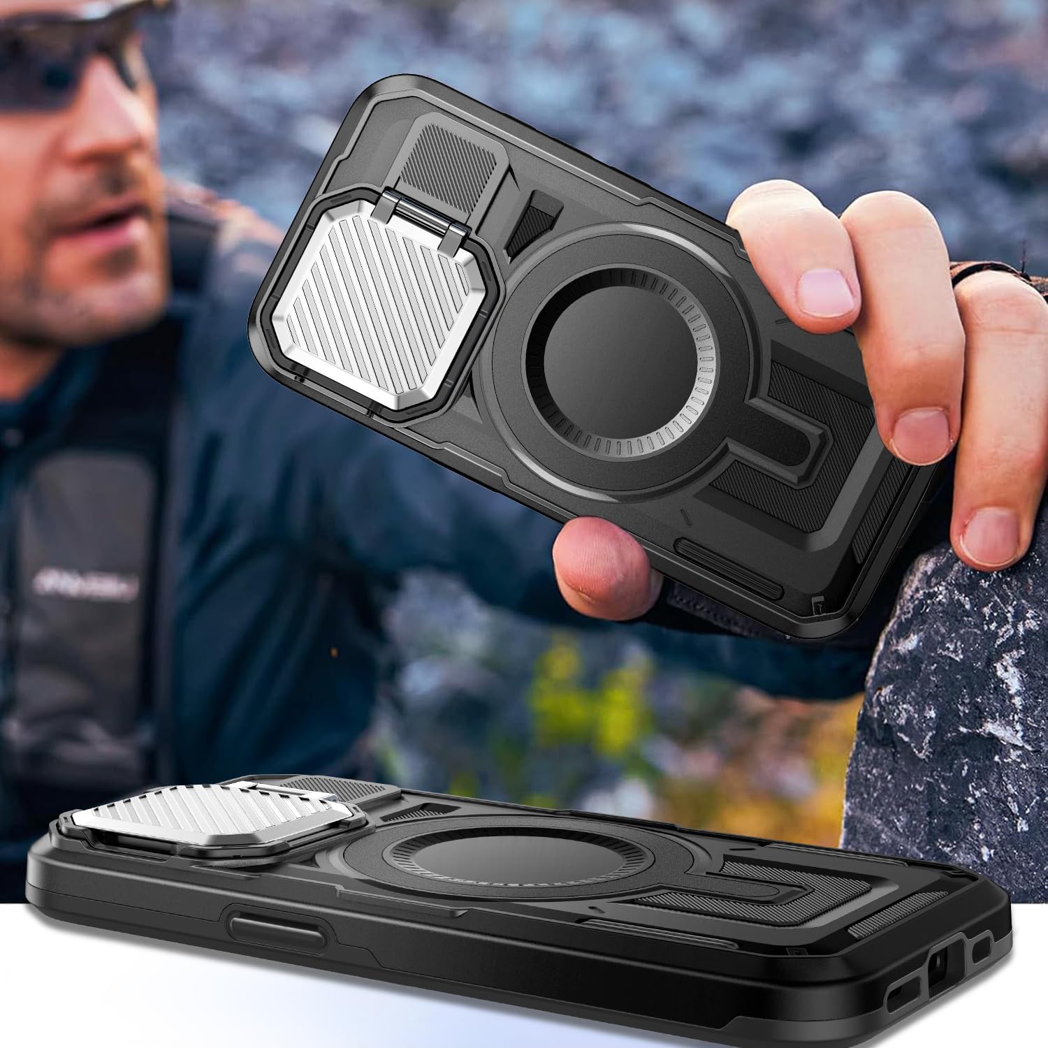 Camera Stand Case for iPhone 14 Plus, [Compatible with Mag Safe] [Lens Cover] 2024 Version Military Grade Protective Soft Case for iPhone 14 Plus 6.7 inch Men Women, Black