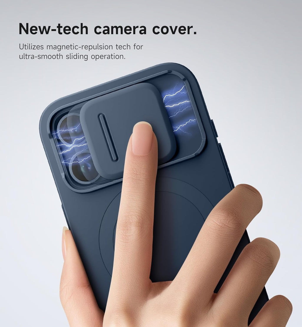 SURITCH for iPhone 15 Pro Case with Magnetic Camera Slide Cover and Adjustable Kickstand, Compatible with MagSafe, Shockproof Bumper Case Slim Protective Cover 6.1 Inch, Blue