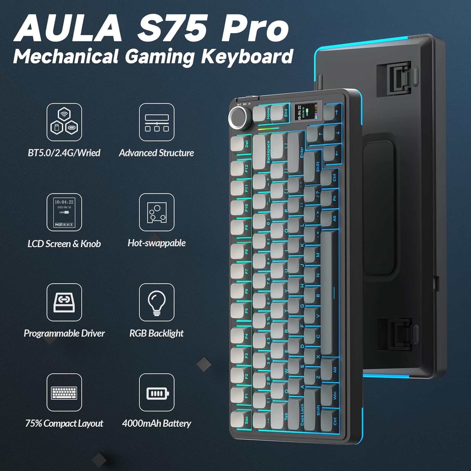 AULA S75 PRO Wireless Gaming Keyboard with Screen & Knob, Tri-Mode Hot Swappable Mechanical Keyboard 75%, Pre-lubed Switches, RGB Backlit, Side Printed PBT Keycaps, Creamy Sounding Computer Keyboards