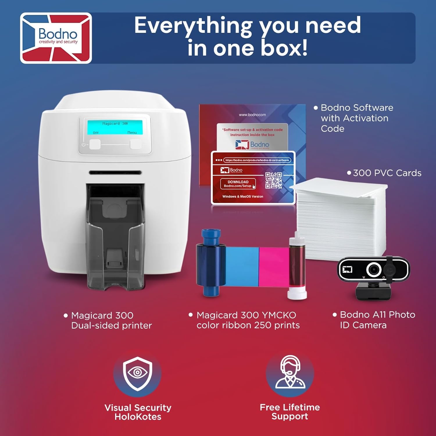 Bodno Magicard 300 Dual Sided ID Card Printer & Complete Supplies Package ID Software - Silver Edition