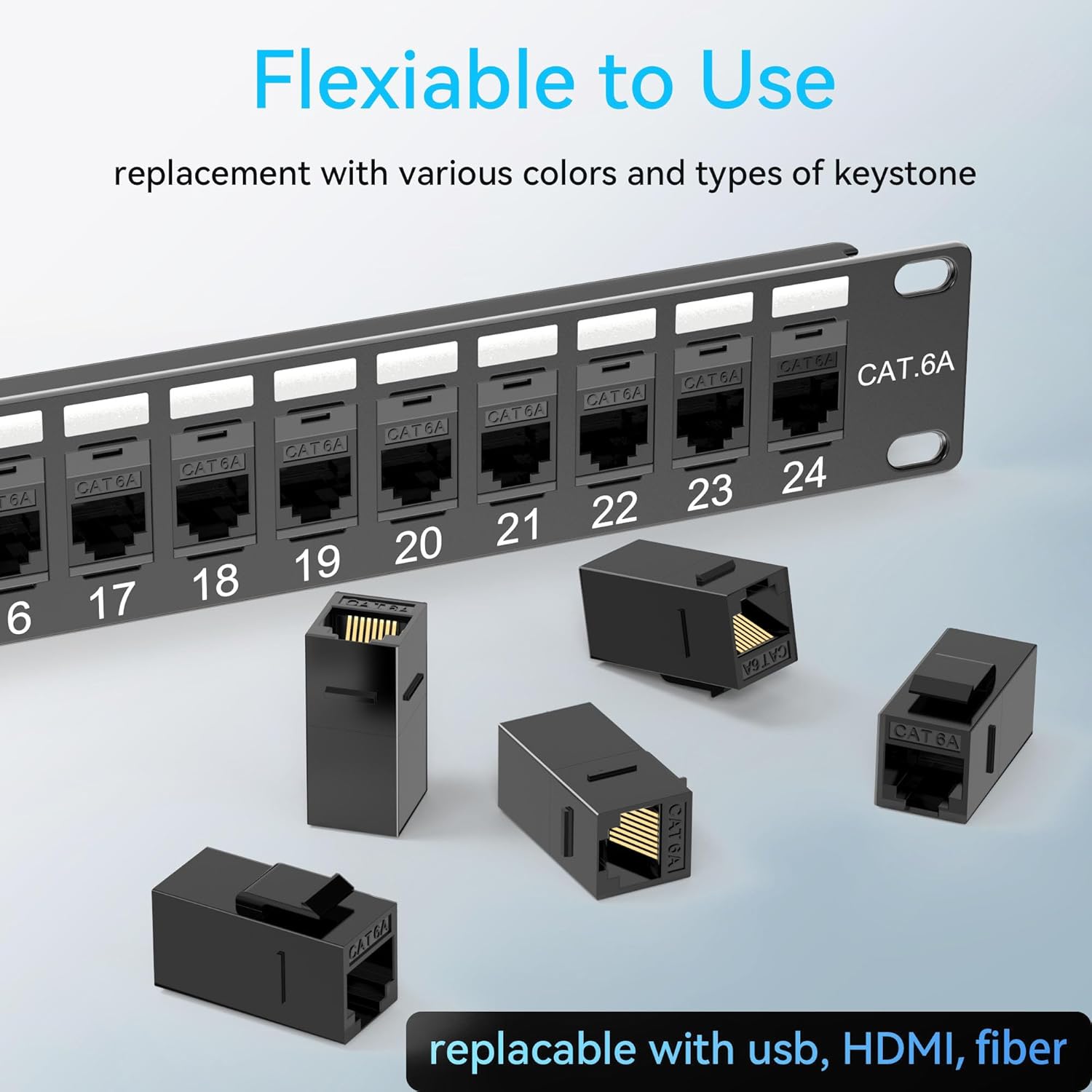 Patch Panel 24 Port Cat6 with Coupler Keystone, Cat6a Network Patch Panel 10G No Punch Down, Time-Saver Ethernet 1U Rj45 Panel with Sturdy Back Bar, 19 Inch Coupler Network Panel
