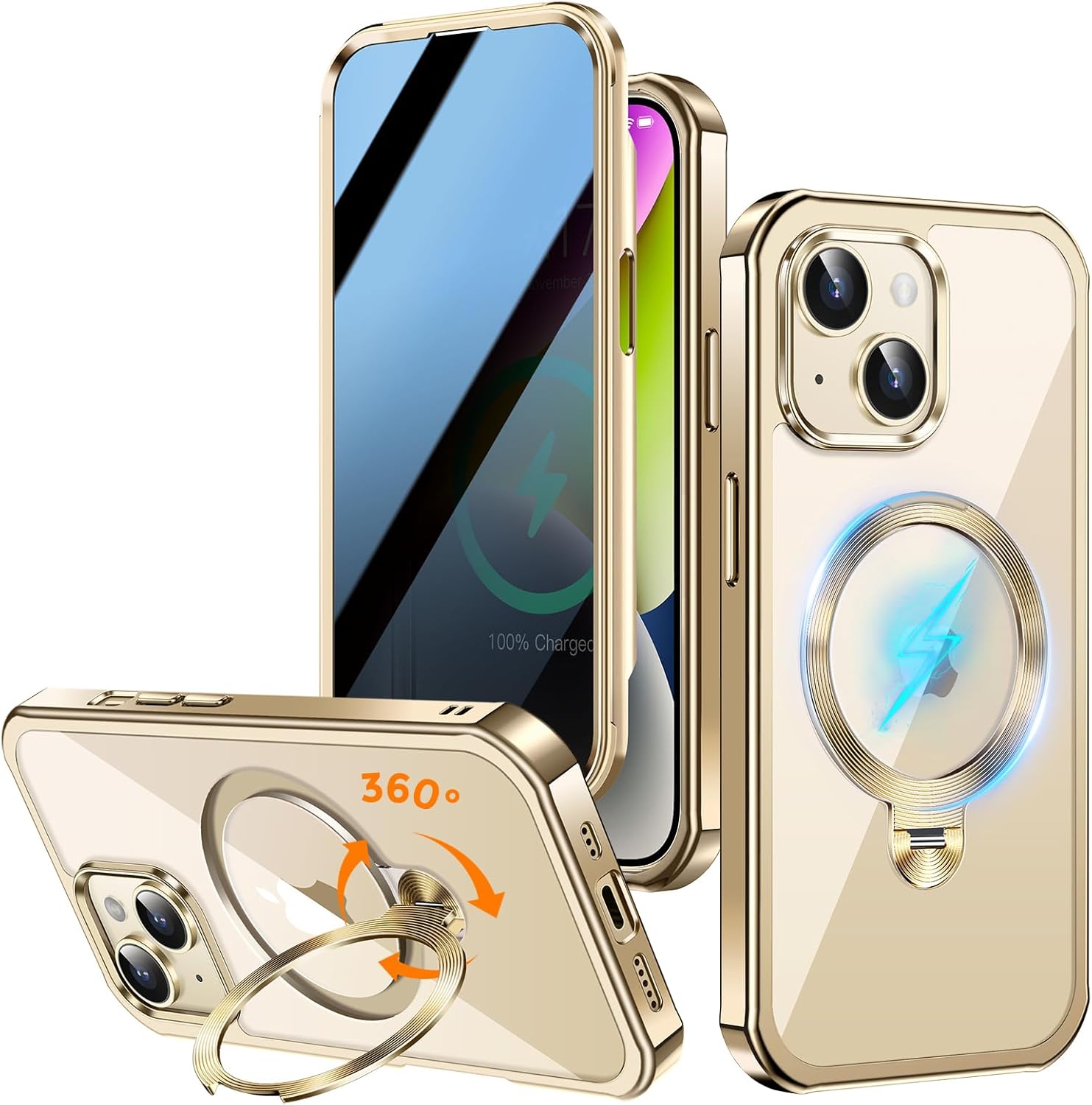 [360° Rotatable CD Stand & Built-in Privacy Screen Magnetic Case for iPhone 14 [Compatible with MagSafe & Full Signal] Mil-Grade Shockproof Full Body Anti-Spy Cover for 14-Gold