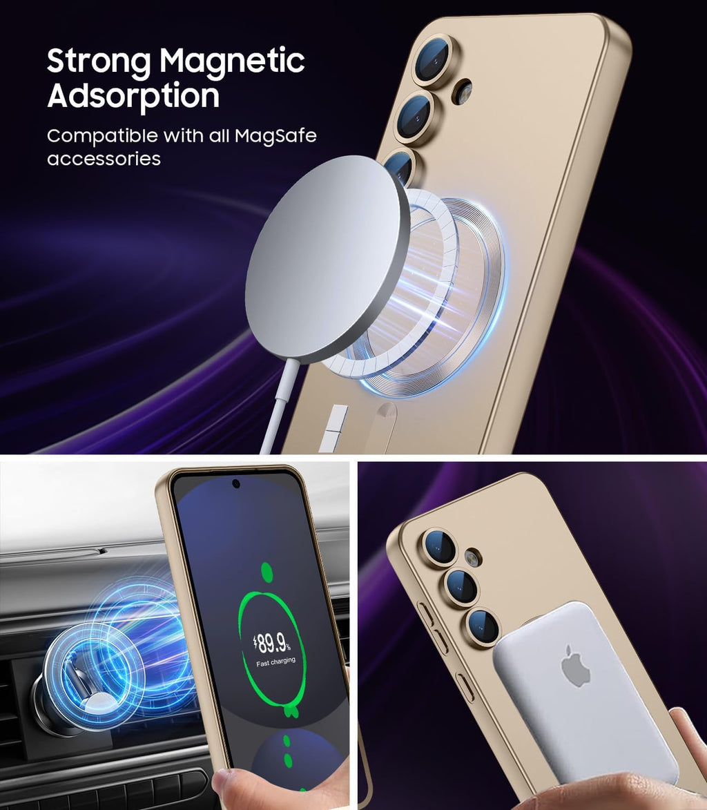 Magnetic for Samsung Galaxy S24 FE Case [Compatible with MagSafe][Built-in Camera Lens Protector] Slim Soft Silicone Bumper Shockproof Metallic Luster Phone Cover (Gold)