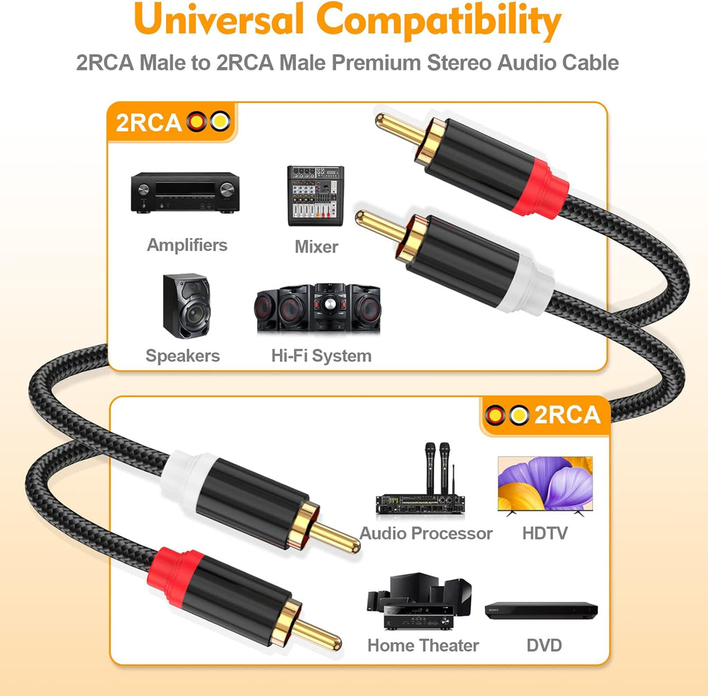 HOSONGIN RCA Cables 3.3ft 2 Pack[Hi-Fi Sound, Nylon Braided, Shielded], 2-Male to 2-Male RCA Audio Stereo Subwoofer Cable Auxiliary Cord for Home Theater, HDTV, Amplifiers, Hi-Fi Systems, Speakers