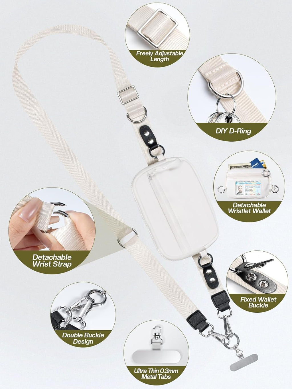 Clip and Go Strap for Phone with Wallet Crossbody Phone Lanyard Adjustable and Detachable RFID Wristlet Wallet with ID Window and Zipper, Cream