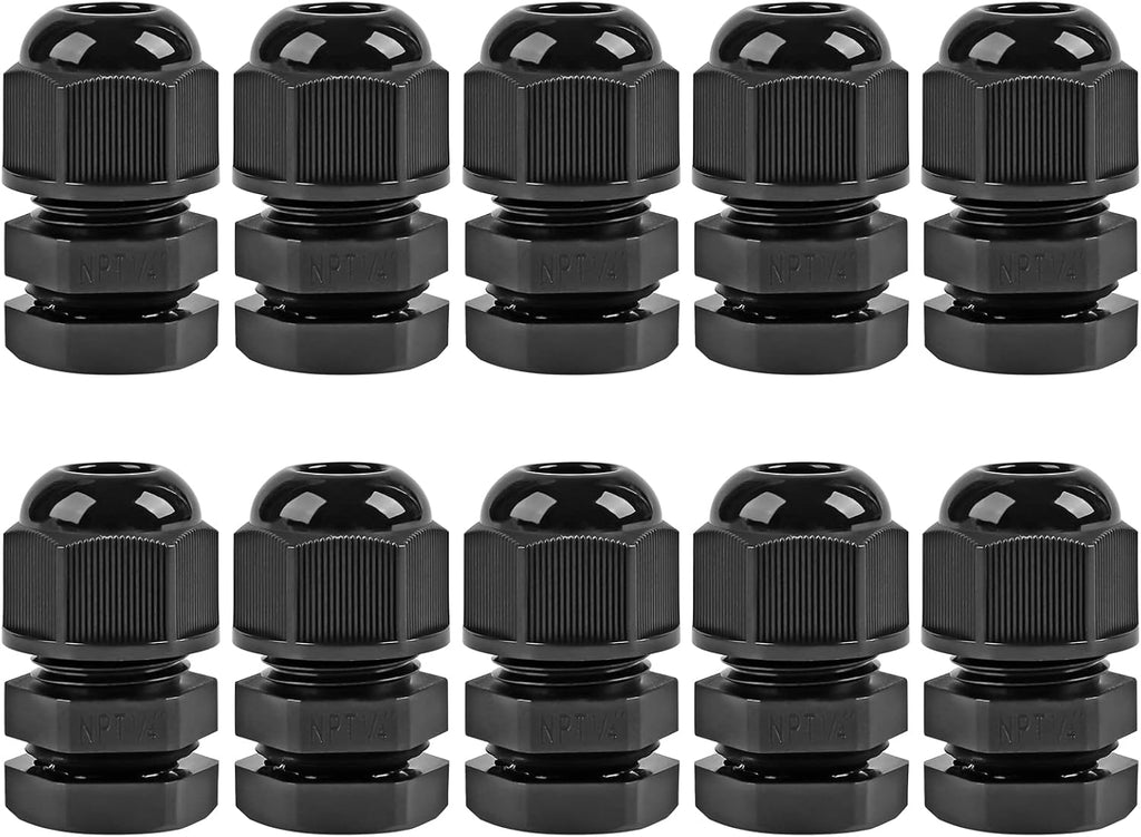 XHF 10 Pcs 1/4" IP68 Strain Relief Nylon Cord Grip NPT Cable Glands Adjustable UL Listed and RoHS Compliant (Black)