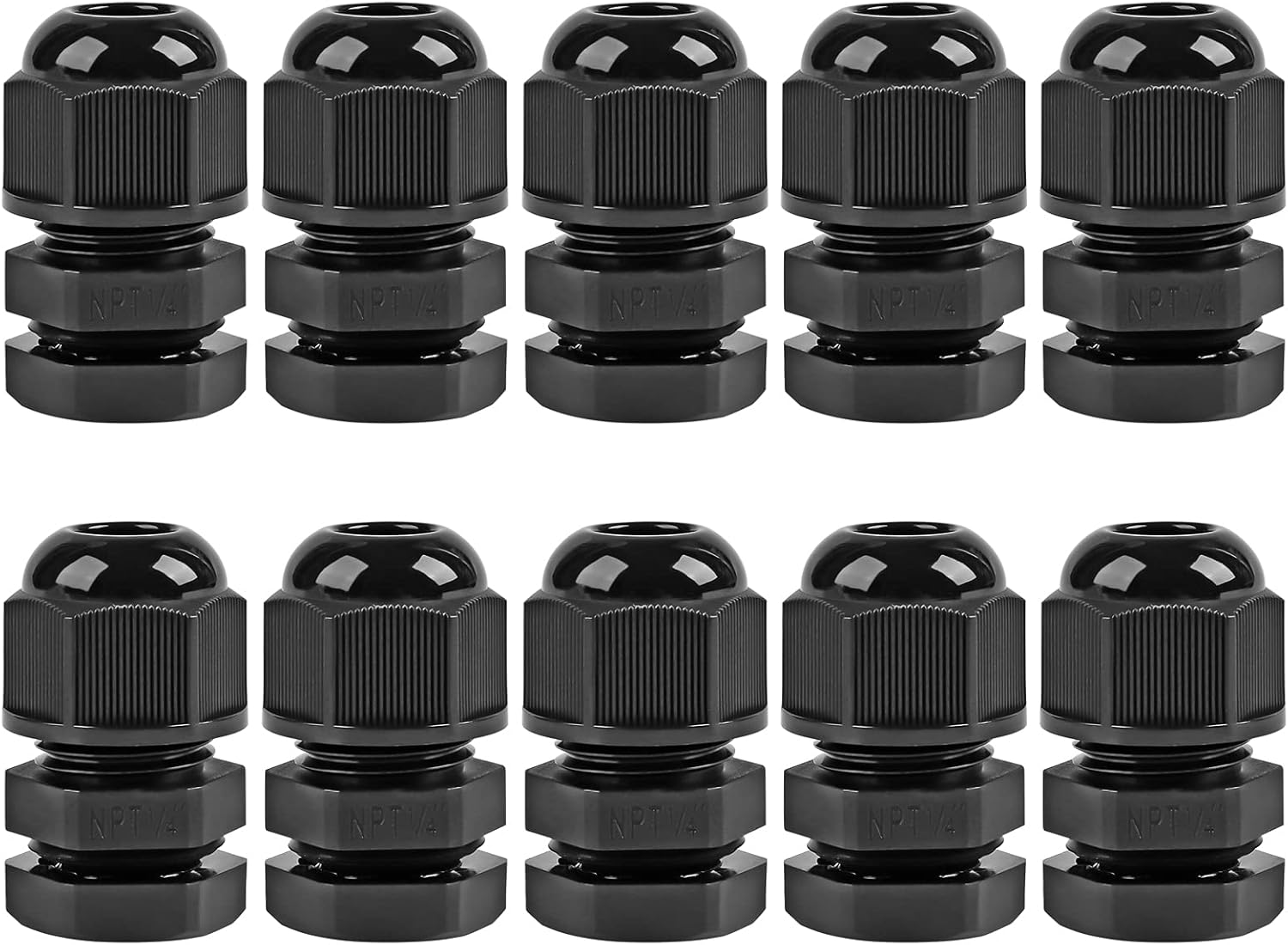 XHF 10 Pcs 1/4" IP68 Strain Relief Nylon Cord Grip NPT Cable Glands Adjustable UL Listed and RoHS Compliant (Black)