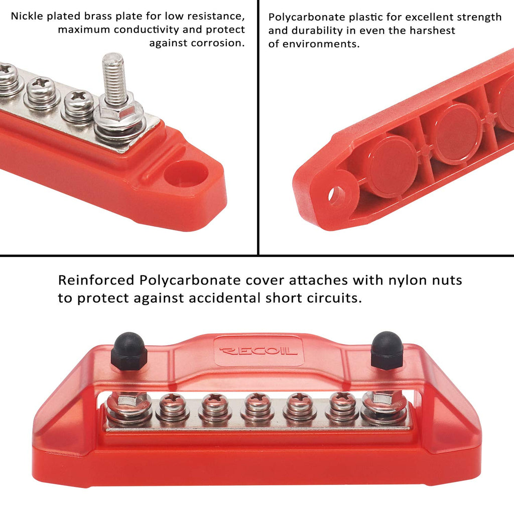 Recoil BBS25P Bus Bar 2 x M5 Studs and 5 Screw Terminals Power Distribution Block with Ring Terminals Pair Red & Black