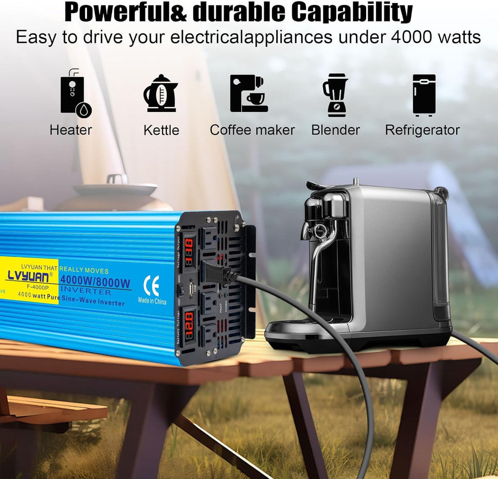 Yinleader 4000W Pure Sine Wave Power Inverter 12V DC to AC 110V-120V Converter for Family Vehicle RV Truck Solar System/Road Trip/Camp/Emergency w/4 AC Charger Outlets LED Display Remote Controller