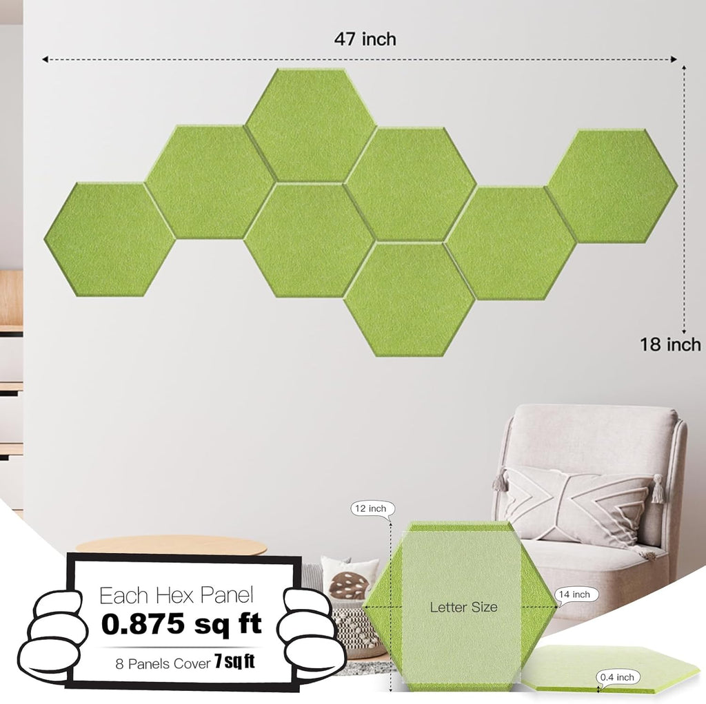Mollywell Hexagon Acoustic Panels, High Density, Soundproofing, Decorative Noise Reduction Felt Wall Tiles for Ceilings, Home Office & Gaming Room (Fruit Green), 14x12x0.4 Inch