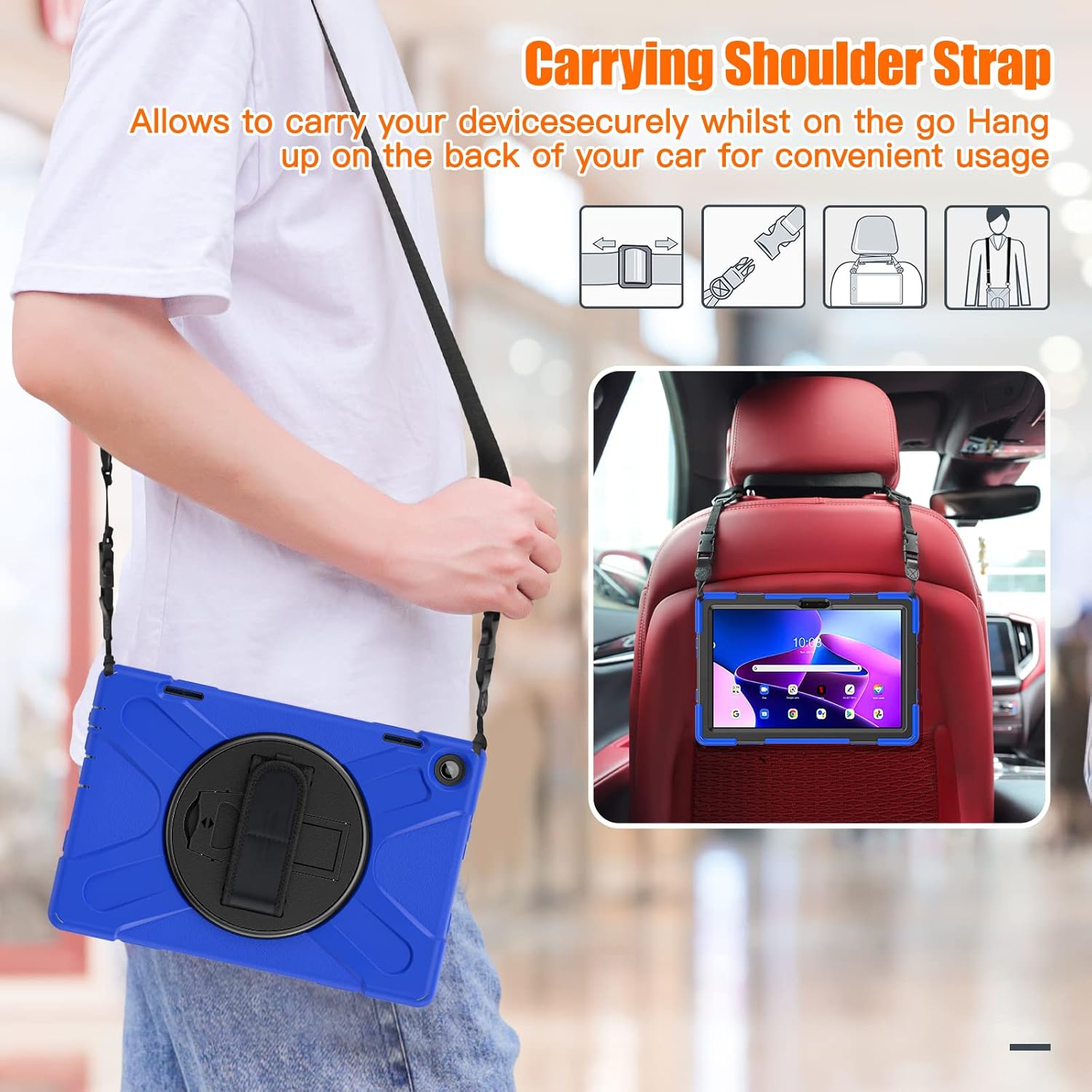 Junfire Shockproof Case for Lenovo Tab M10 3rd Gen 10.1 inch 2022, Heavy Duty Rugged Case with Hand Strap/360°Rotating Kickstand/Shoulder Belt for TB-326FU/TB-328XU,Blue