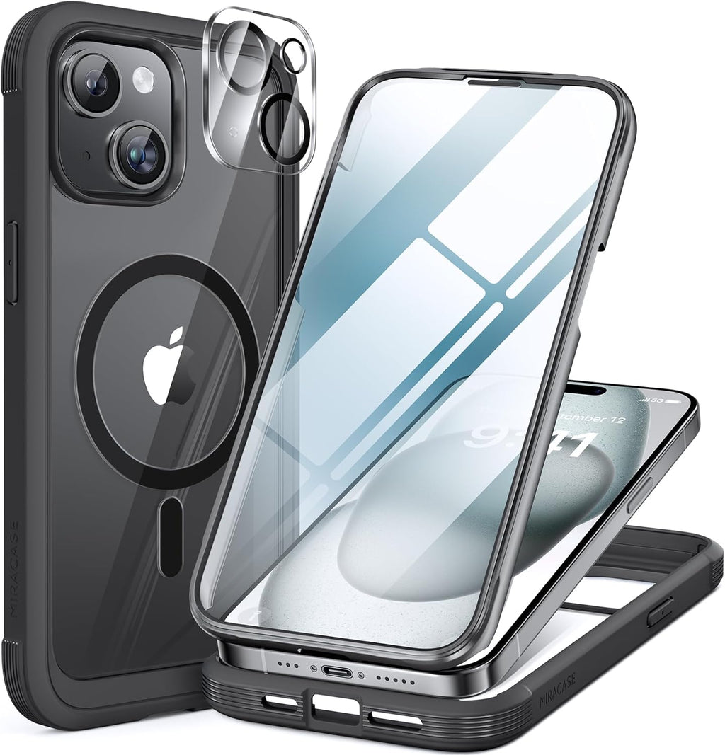 Miracase Glass Series for iPhone 15 Case [Compatible with MagSafe] Full-Body Magnetic Bumper Case with Built-in 9H Tempered Glass Anti-Fingerprint Screen Protector + Camera Lens Protector, Black